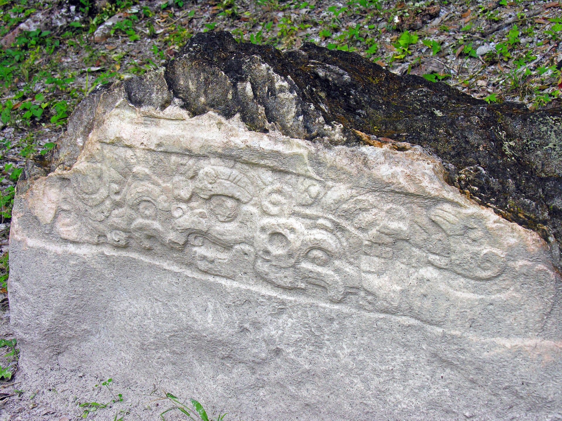 Detalle de estela tallada en Yaxhá